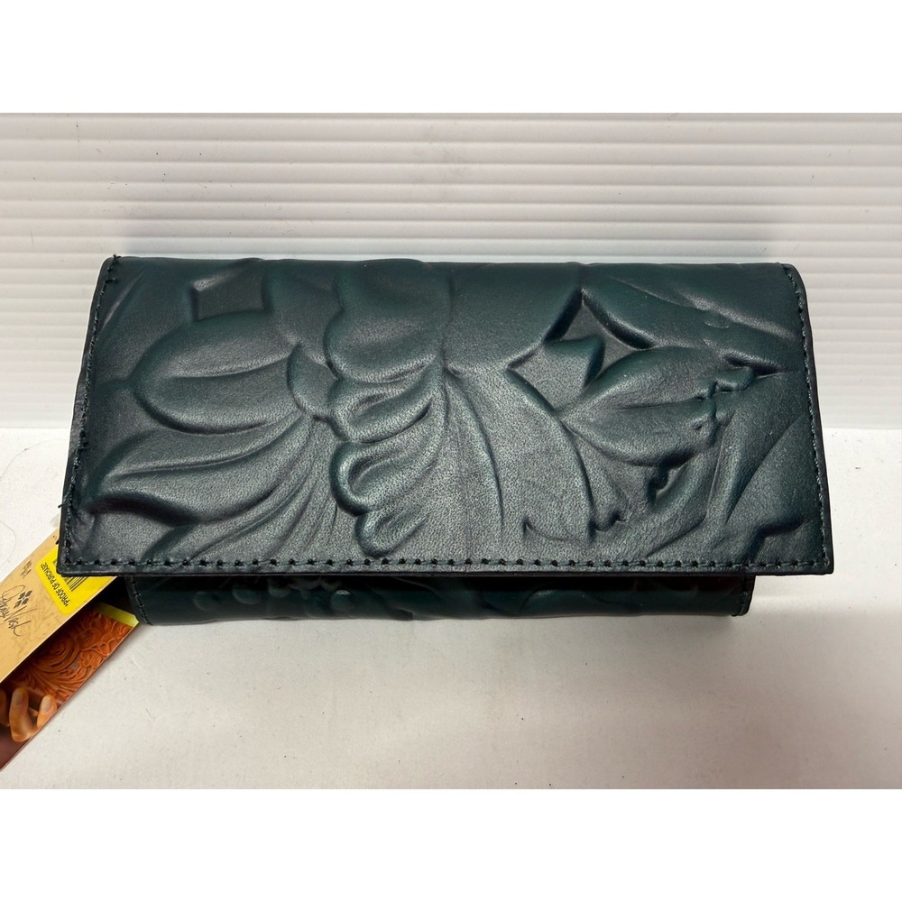 PATRICIA NASH Teal Green Spring Floral Deboss‎ Terresa Tri-Fold Leather Wallet